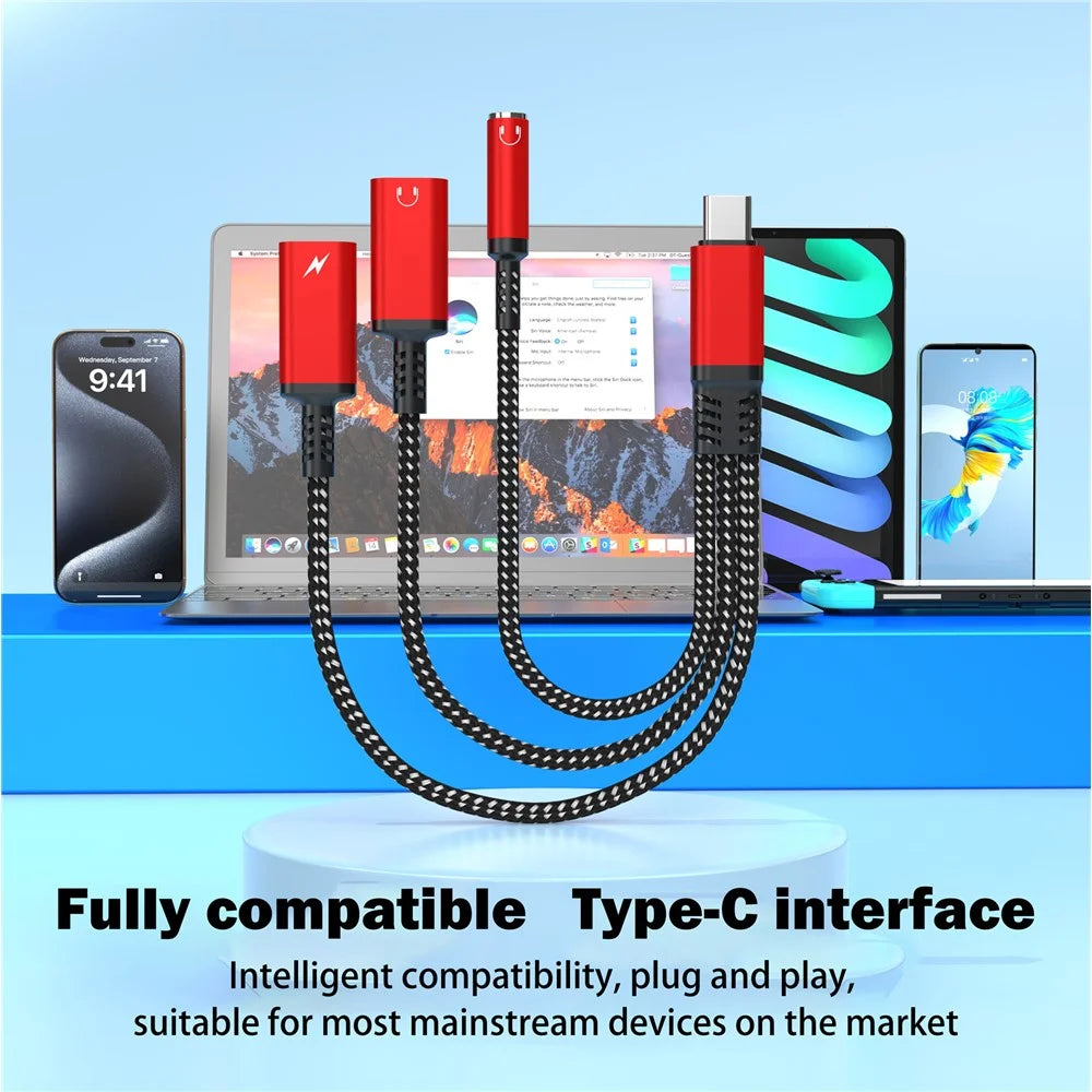 60W Type-C to 3.5mm + Type-C Headphone + Type-C PD Fast Charging Adapter 3 in 1 Audio Converter - Black - 5