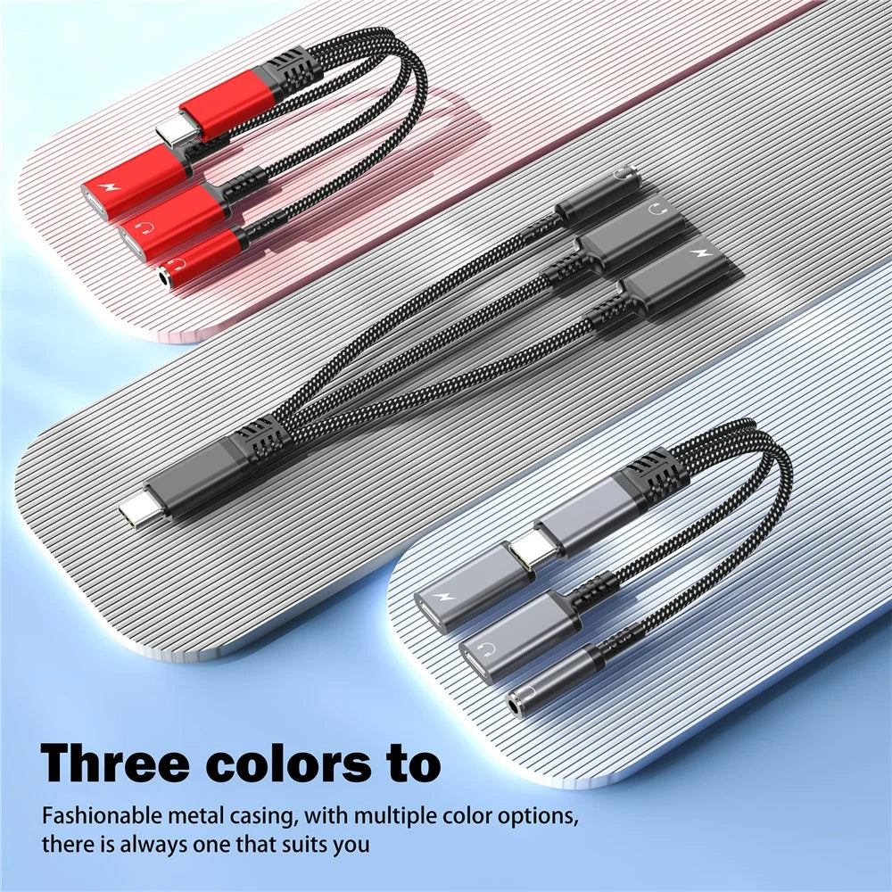 60W Type-C to 3.5mm + Type-C Headphone + Type-C PD Fast Charging Adapter 3 in 1 Audio Converter - Black - 6