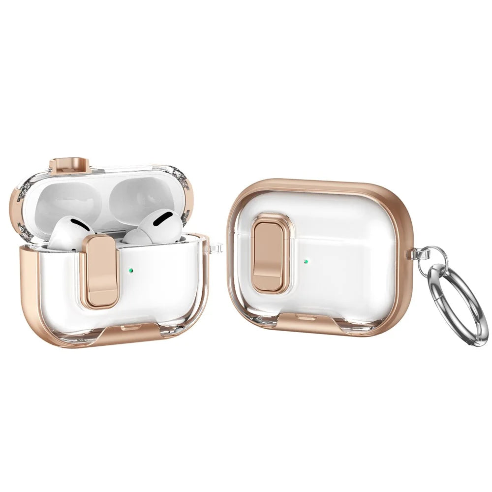 For Apple AirPods Pro Case TPU PC Earbuds Protective Cover with Switch  /  Stand  /  Carrying Hook - Gold - 1