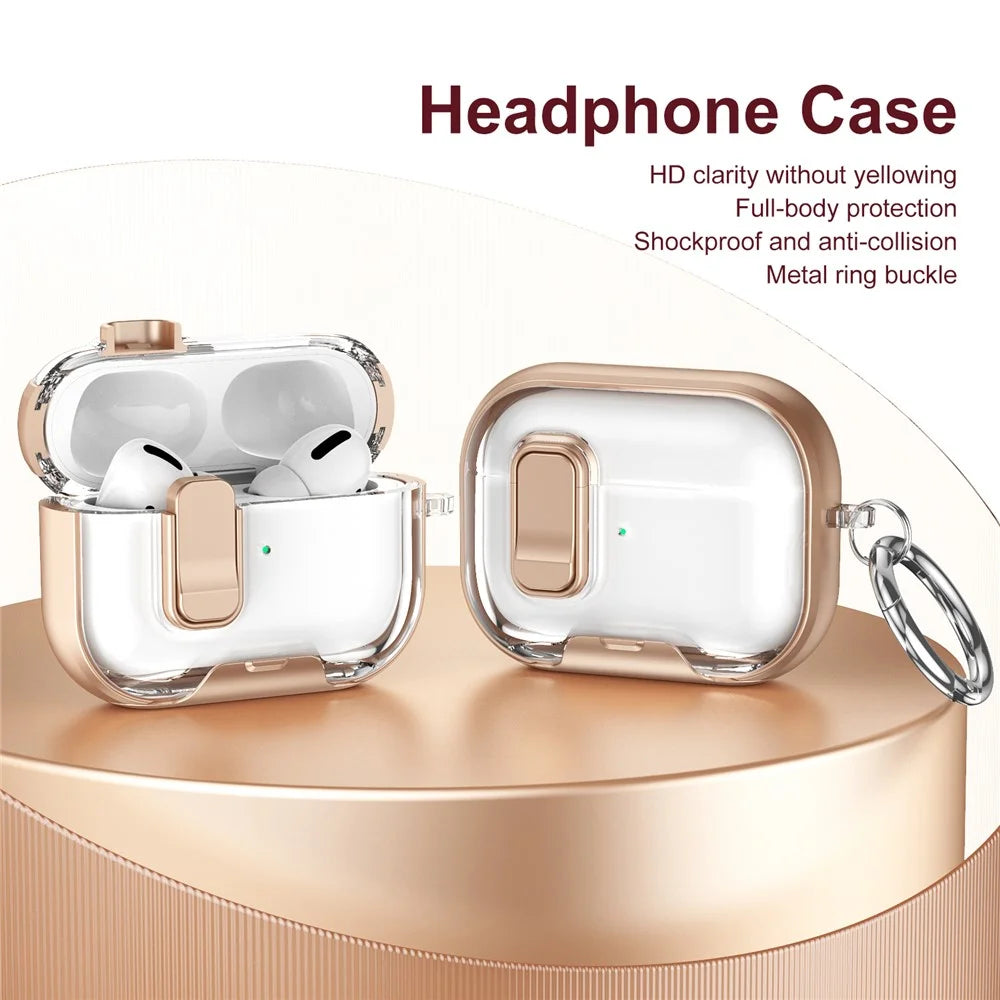 For Apple AirPods Pro Case TPU PC Earbuds Protective Cover with Switch  /  Stand  /  Carrying Hook - Gold - 2