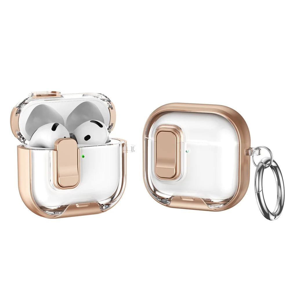 For AirPods 4 Case TPU PC Earbuds Protective Cover with Switch  /  Stand  /  Carrying Hook - Gold - 1