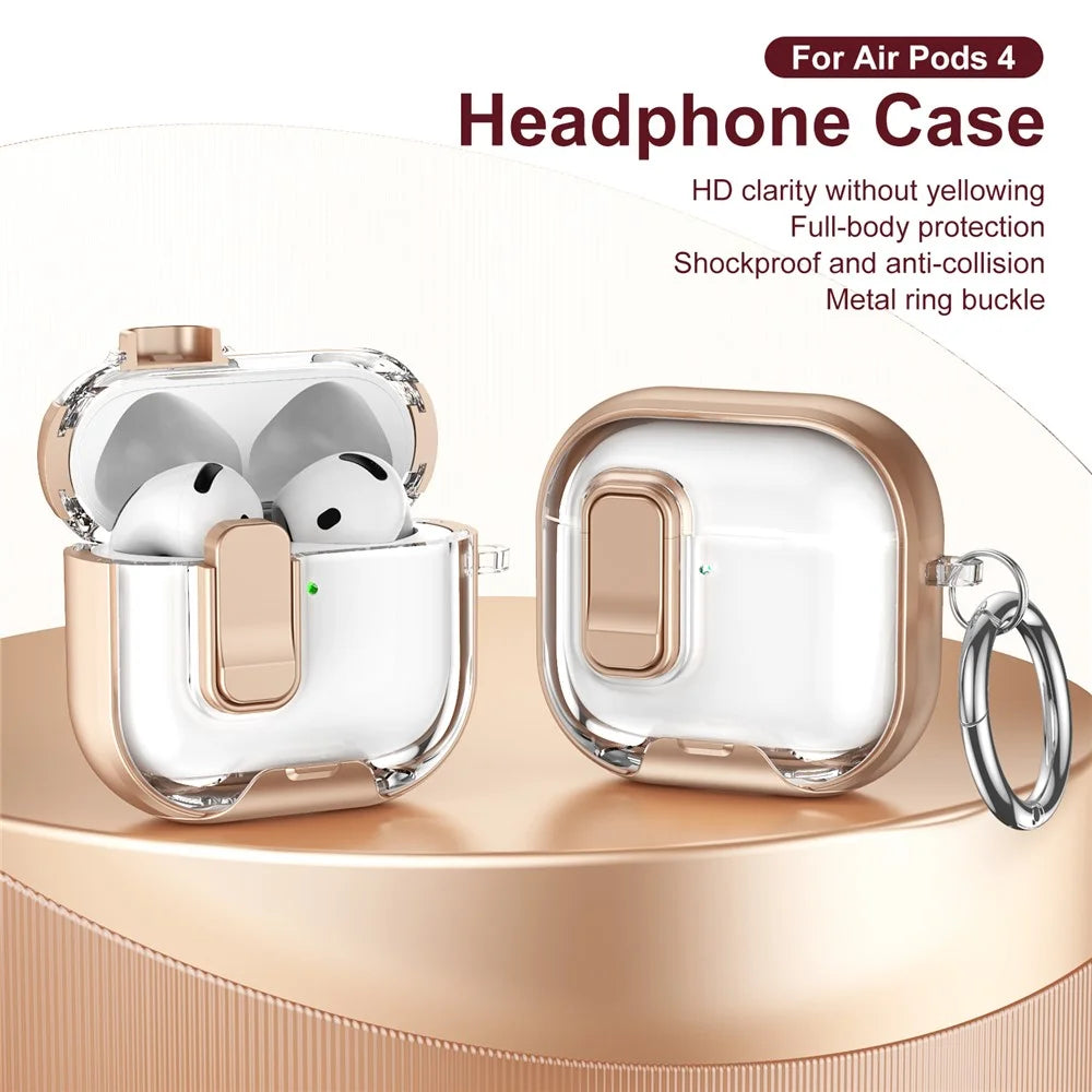 For AirPods 4 Case TPU PC Earbuds Protective Cover with Switch  /  Stand  /  Carrying Hook - Gold - 2