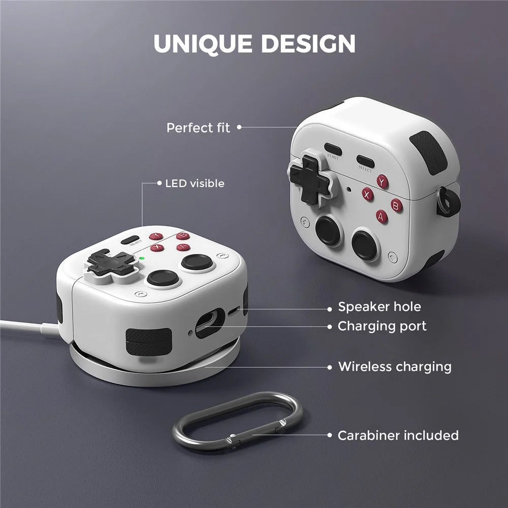 AHASTYLE WG175 For AirPods 4 Protective Case Game Console Design Silicone Earphone Cover with Carabiner - White - 4