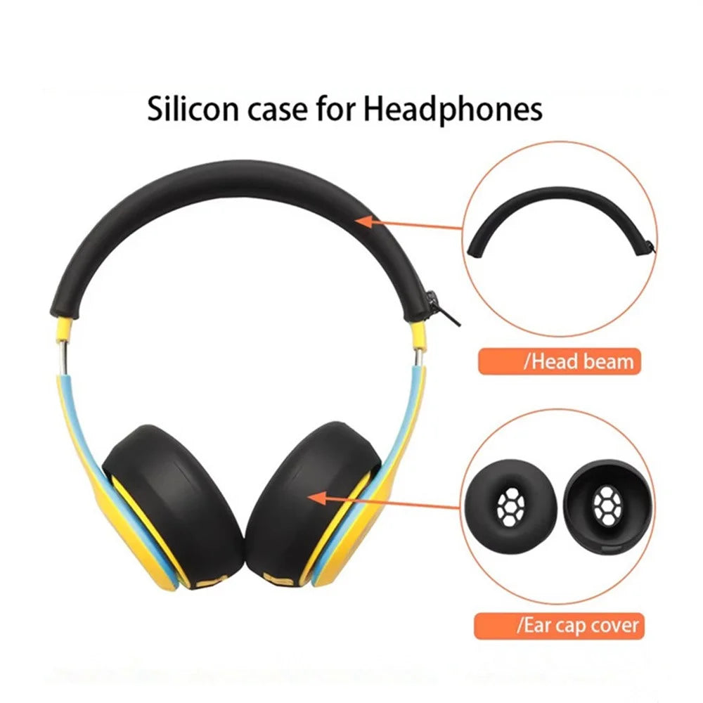For Beats Solo3 Headphones Silicone Protective Cover Set 2Pcs Earpad Cushion Covers + Headband Sleeve - Black - 2
