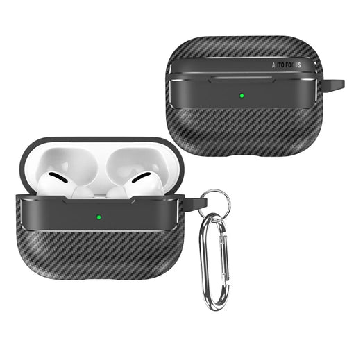 For AirPods Pro 3 Case Carbon Fiber Texture TPU Earbuds Protective Cover with Hook - Black - 1