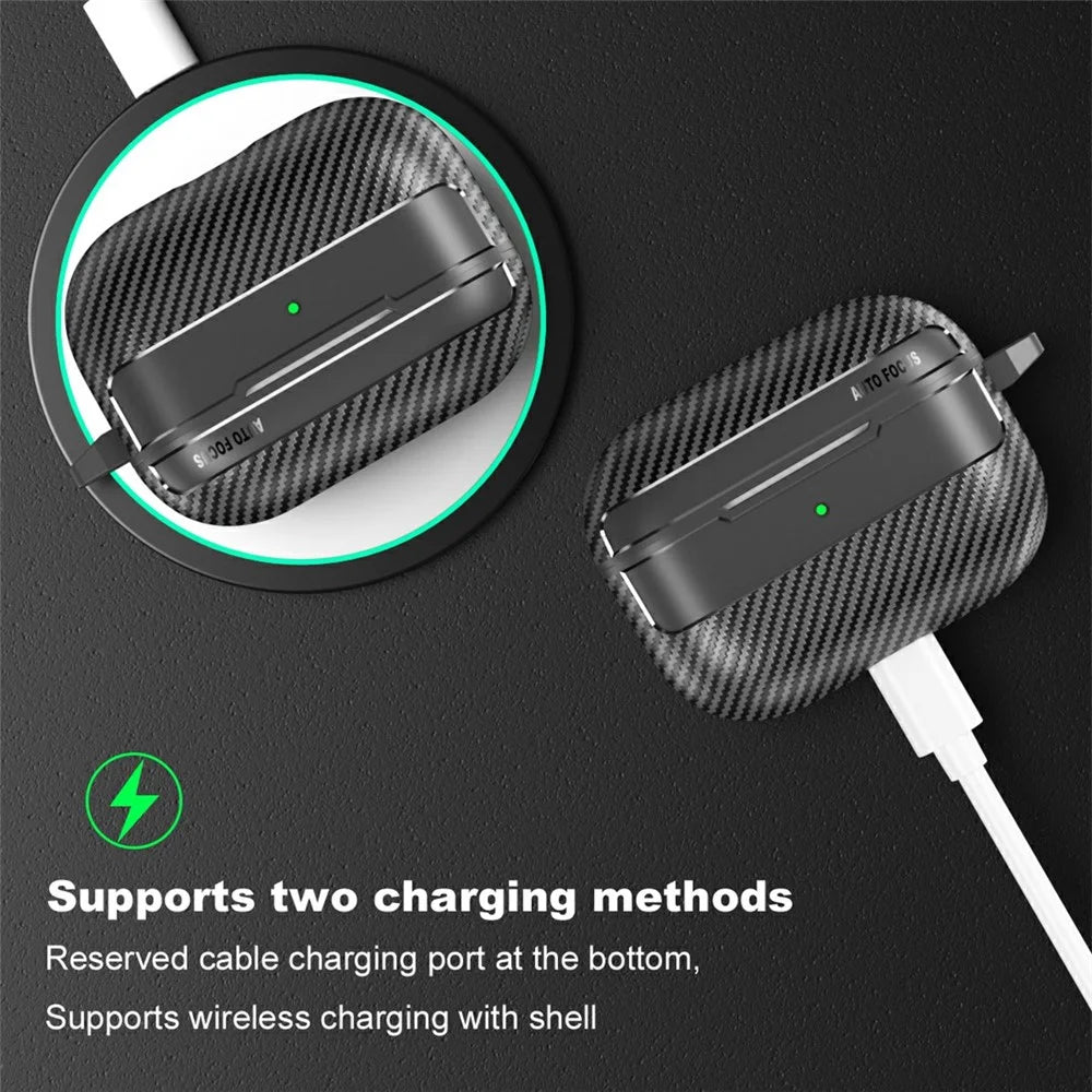 For AirPods Pro 3 Case Carbon Fiber Texture TPU Earbuds Protective Cover with Hook - Black - 7