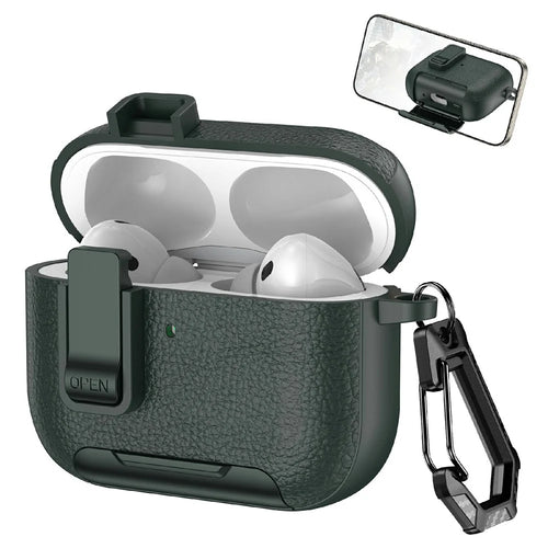 For AirPods Pro 3 Protective Case with Stand Litchi Texture TPU + PC Earphone Cover with Lock and Carabiner - Army Green - 1