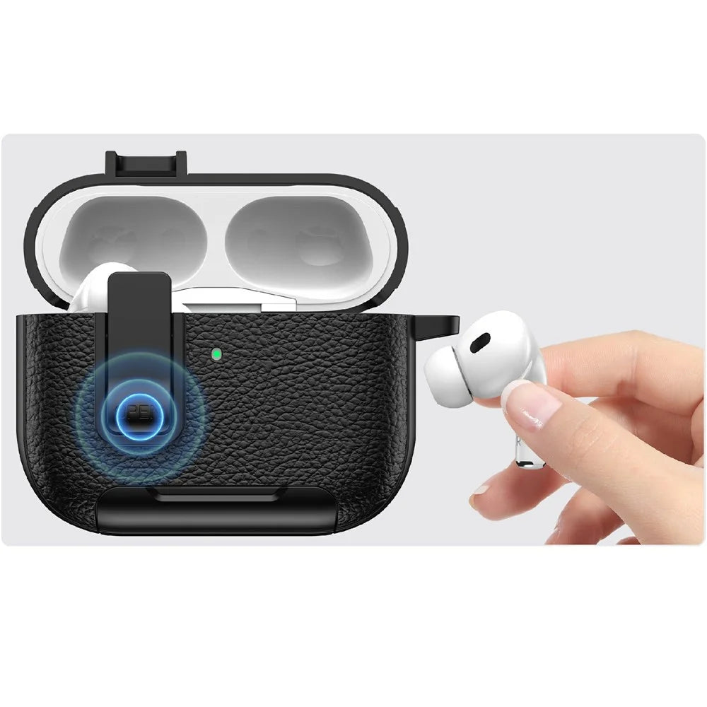 For AirPods Pro 3 Protective Case with Stand Litchi Texture TPU + PC Earphone Cover with Lock and Carabiner - Army Green - 4