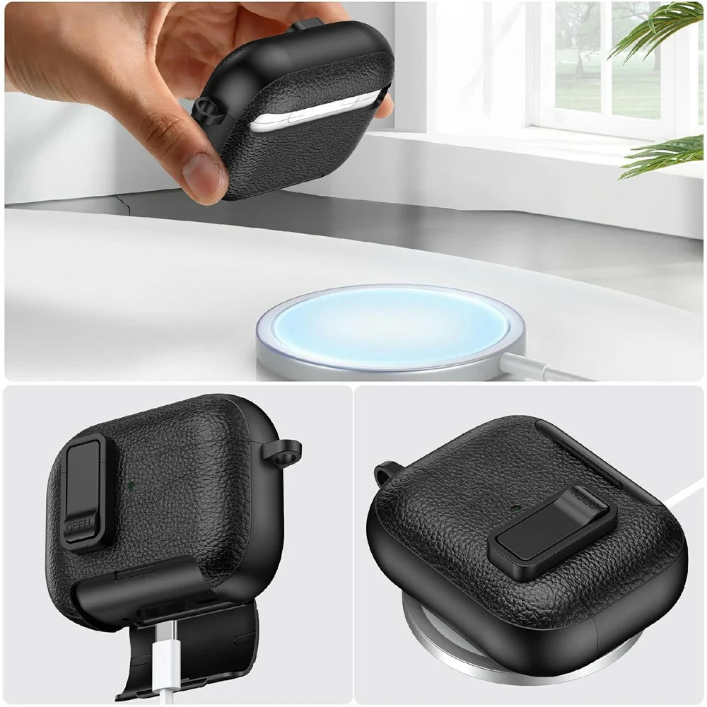 For AirPods Pro 3 Protective Case with Stand Litchi Texture TPU + PC Earphone Cover with Lock and Carabiner - Army Green - 5