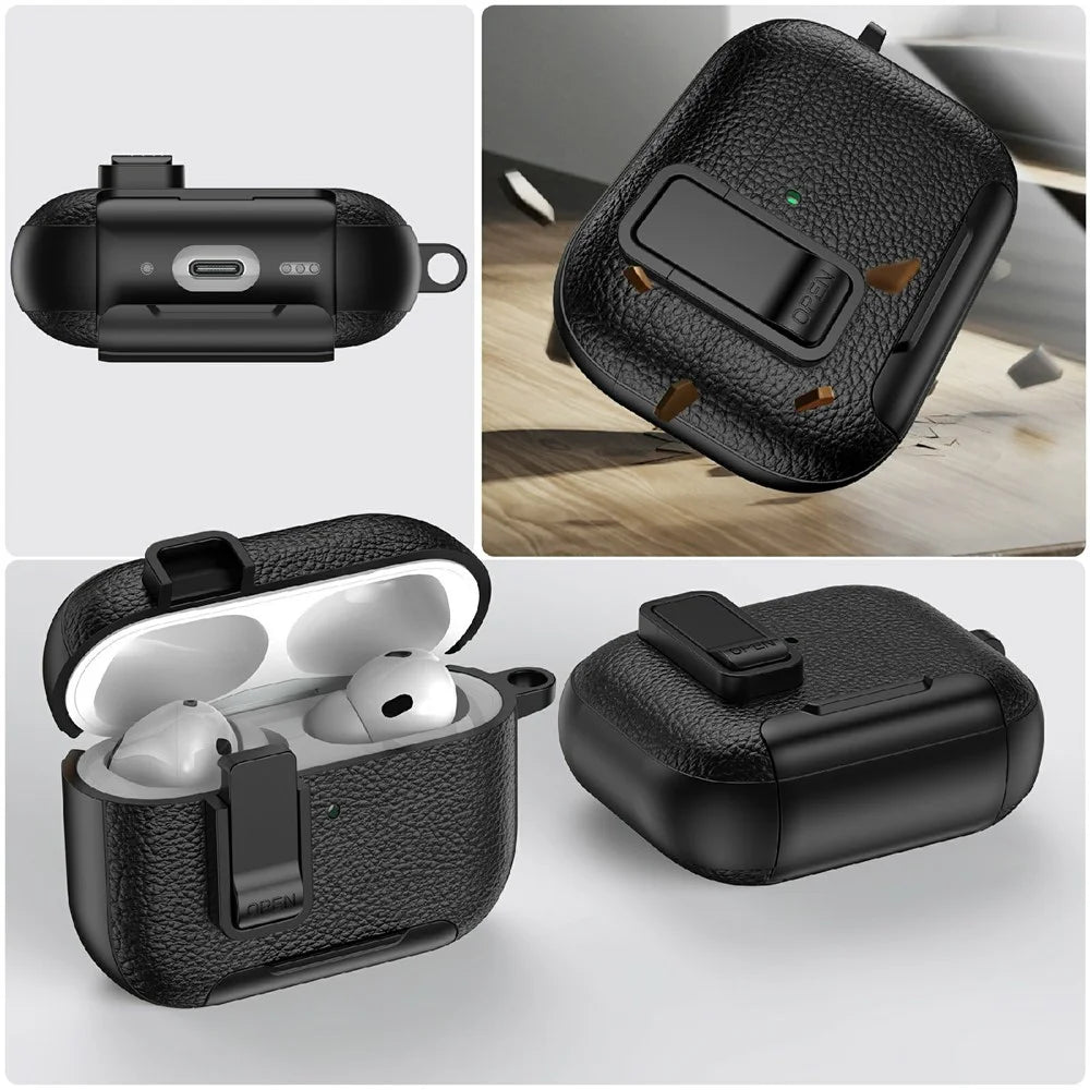 For AirPods Pro 3 Protective Case with Stand Litchi Texture TPU + PC Earphone Cover with Lock and Carabiner - Army Green - 6