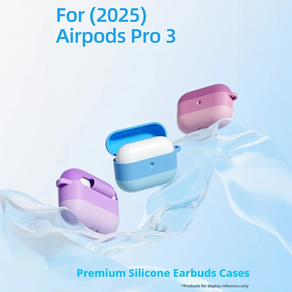 For AirPods Pro 3 Case Gradient Tri-Color Silicone 2.3mm Thick Earphones Cover with Carabiner - Pink - 3