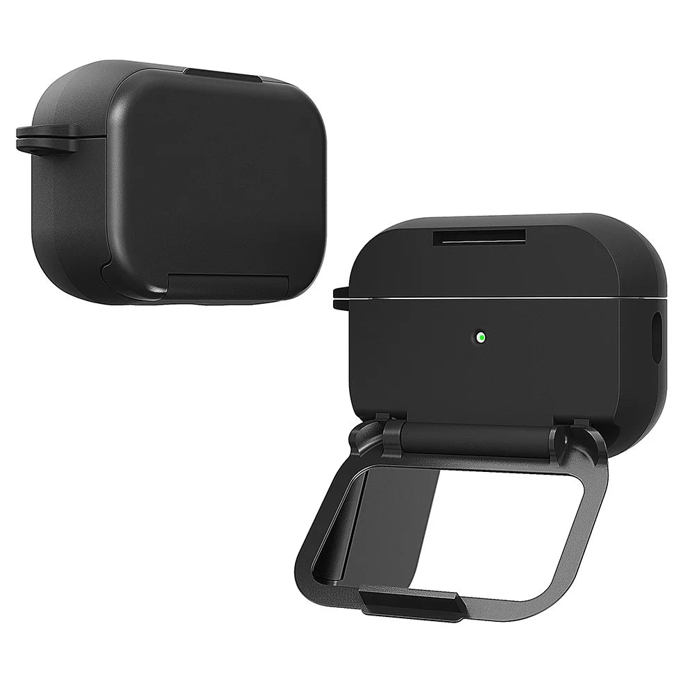 For AirPods Pro 3 Protective Case PC + TPU Shockproof Cover with Stand / Makeup Mirror - Black - 1