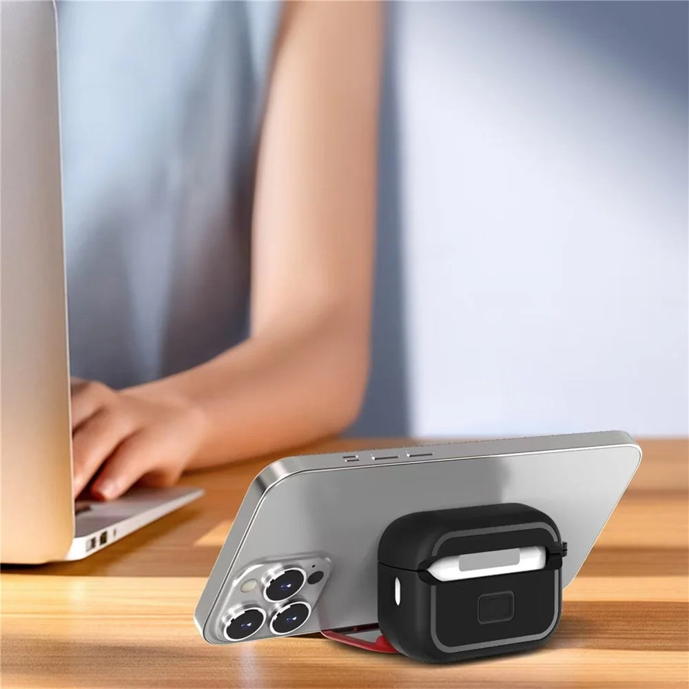 For AirPods Pro 3 Protective Case PC + TPU Shockproof Cover with Stand / Makeup Mirror - Black - 5
