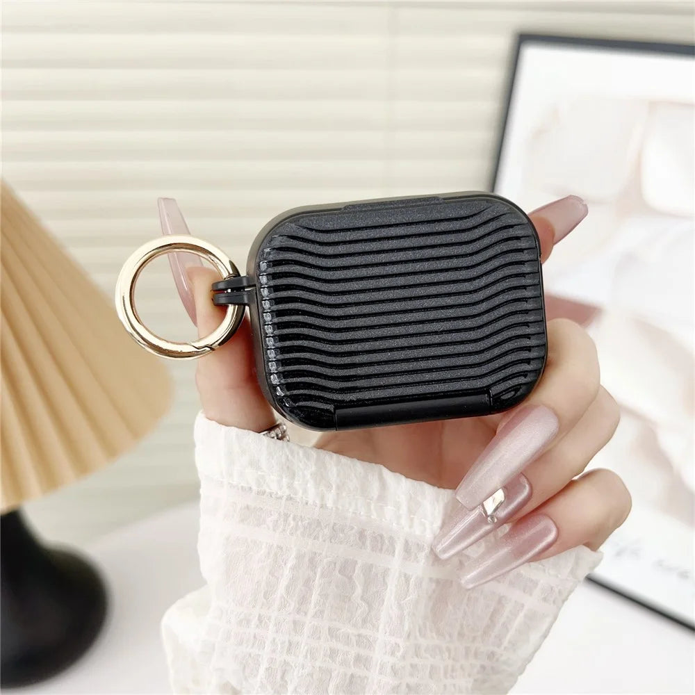 For AirPods Pro 3 Case Wave Pattern PC TUP UV Coating Earbuds Cover with Stand / Makeup Mirror - Black - 2