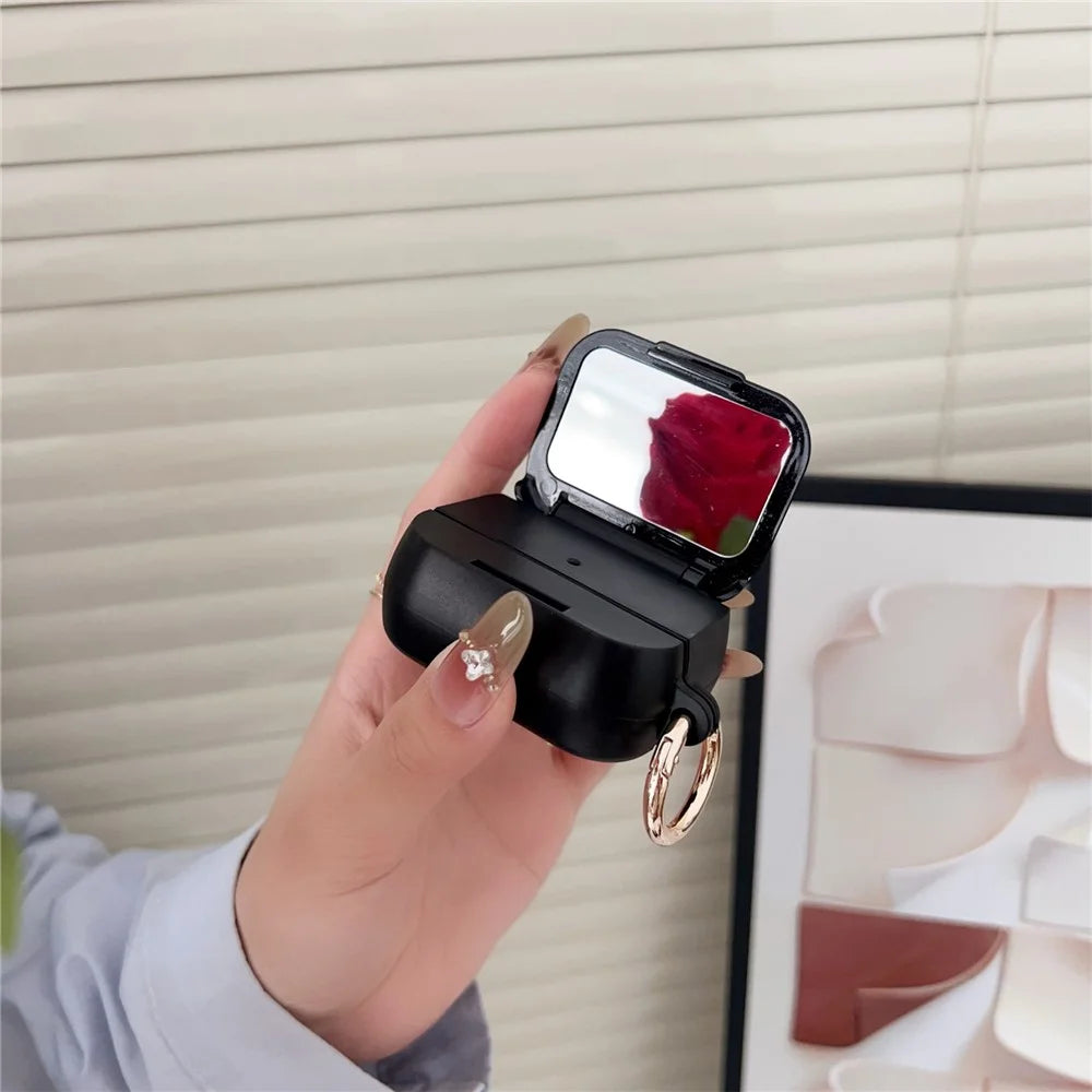For AirPods Pro 3 Case Wave Pattern PC TUP UV Coating Earbuds Cover with Stand / Makeup Mirror - Black - 3
