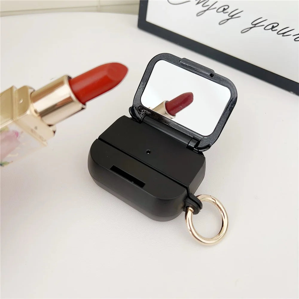 For AirPods Pro 3 Case Wave Pattern PC TUP UV Coating Earbuds Cover with Stand / Makeup Mirror - Black - 5