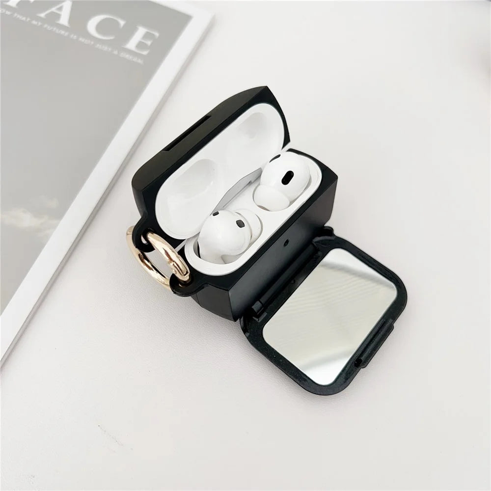 For AirPods Pro 3 Case Wave Pattern PC TUP UV Coating Earbuds Cover with Stand / Makeup Mirror - Black - 6