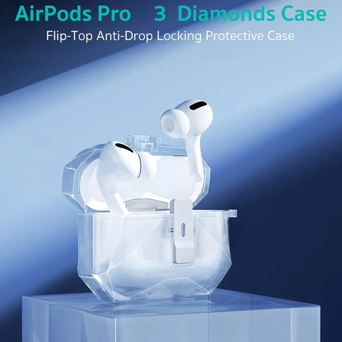 COTECI For AirPods Pro 3 Diamond Protective Case Anti Drop Locking PC Earbuds Cover with Metal Hook - Transparent - 2