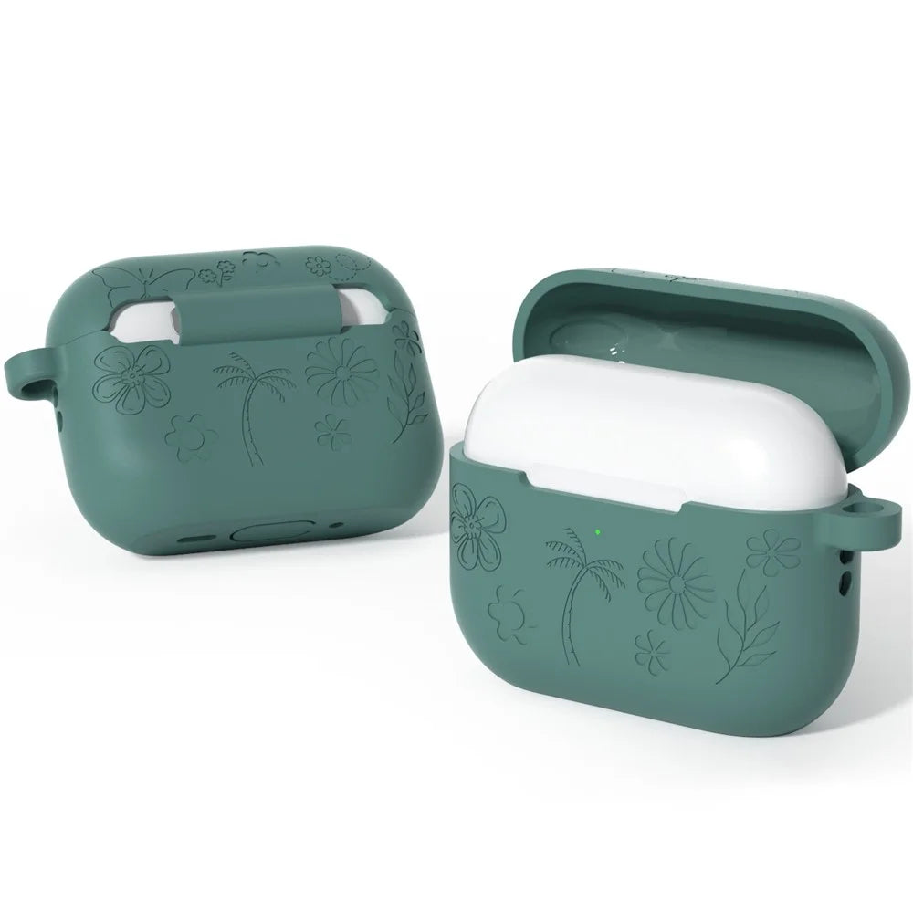 For AirPods Pro 3 Silicone Case Flower Plant Earbuds Protective Cover with Carabiner - Green - 1