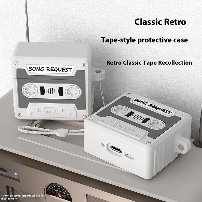 For AirPods Pro 3 Case Retro Cassette Tape Style Earphone Silicone Cover with Hand Strap - Light Grey - 3