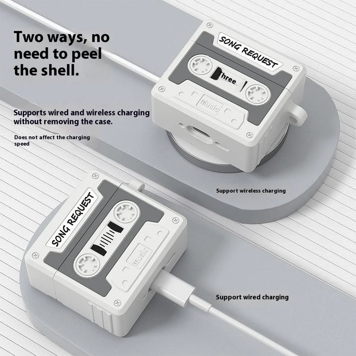 For AirPods Pro 3 Case Retro Cassette Tape Style Earphone Silicone Cover with Hand Strap - Light Grey - 5