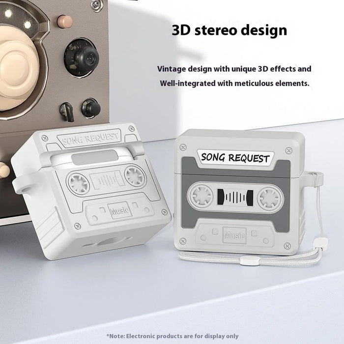 For AirPods Pro 3 Case Retro Cassette Tape Style Earphone Silicone Cover with Hand Strap - Light Grey - 6