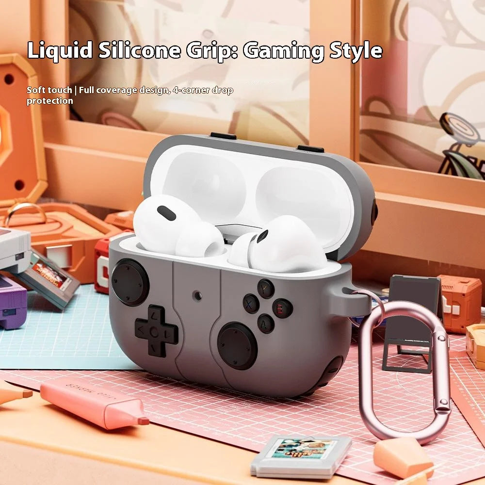 For AirPods Pro 3 Silicone Case Retro Game Console Style Earbuds Protective Cover with Carabiner - Grey - 7