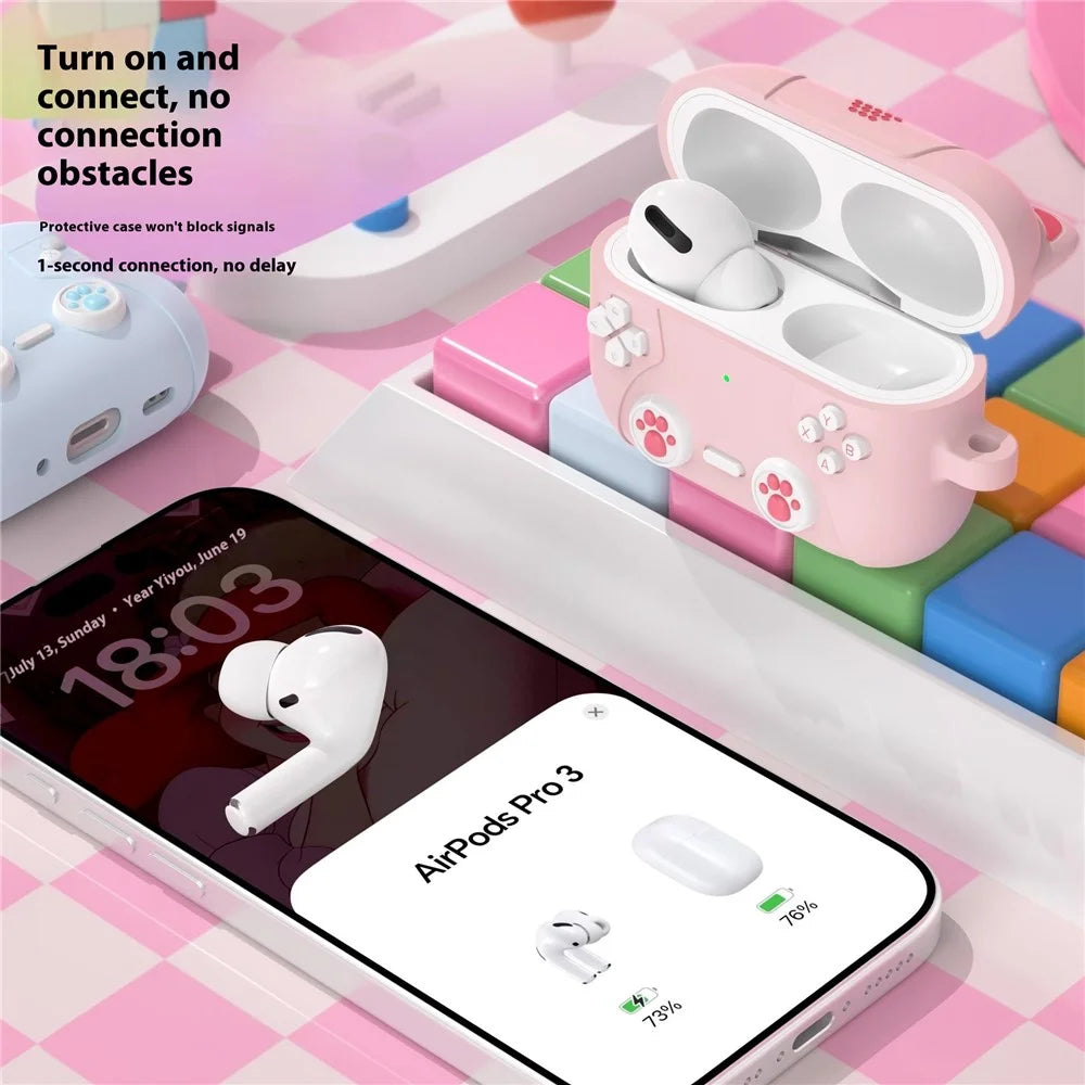 For AirPods Pro 3 Earphone Case Cute Cartoon Cat Paw Silicone Cover with Keychain - Light Pink - 5
