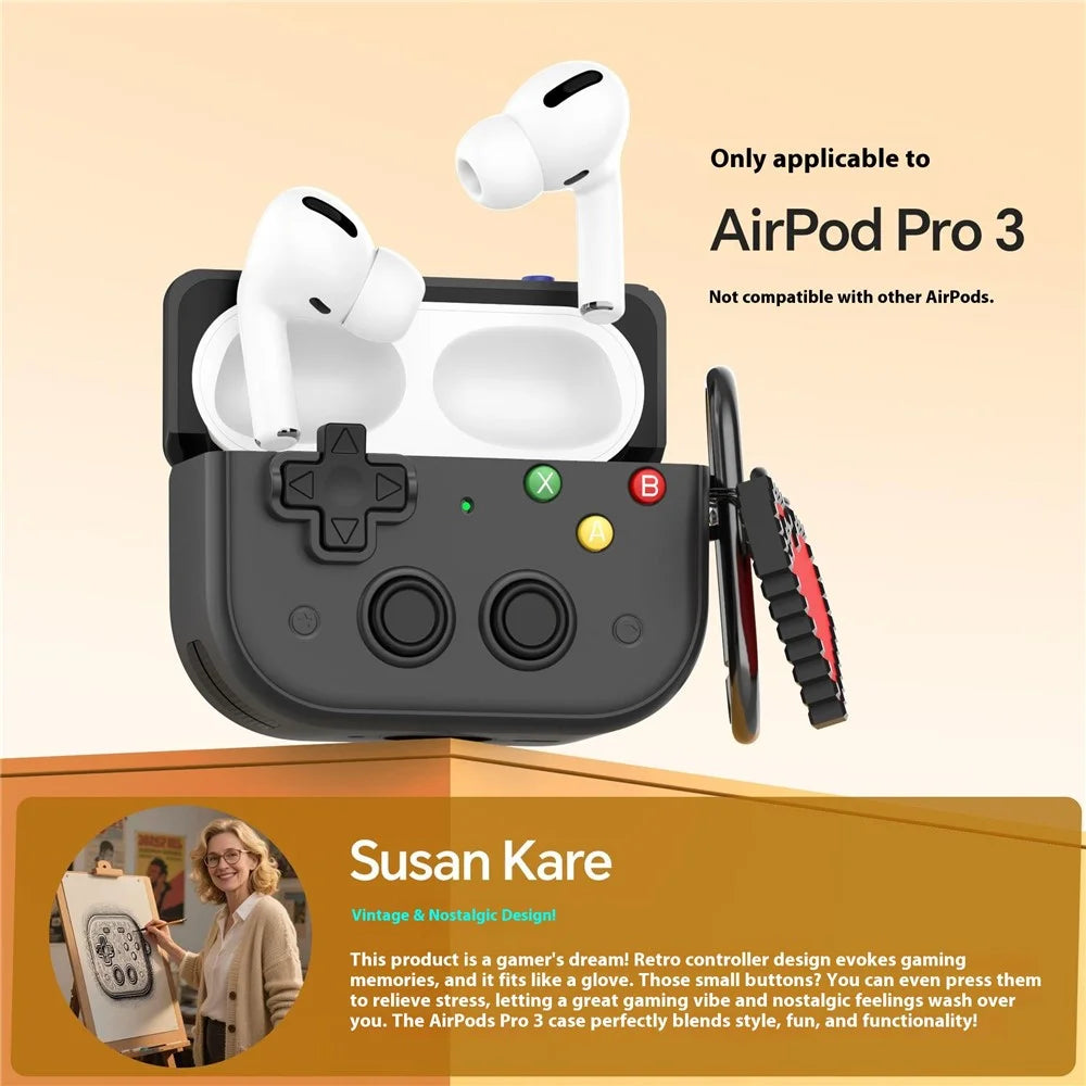 For AirPods Pro 3 Case Vintage Game Console Style Hard PC Earphone Cover with Heart Pendant - Black - 2