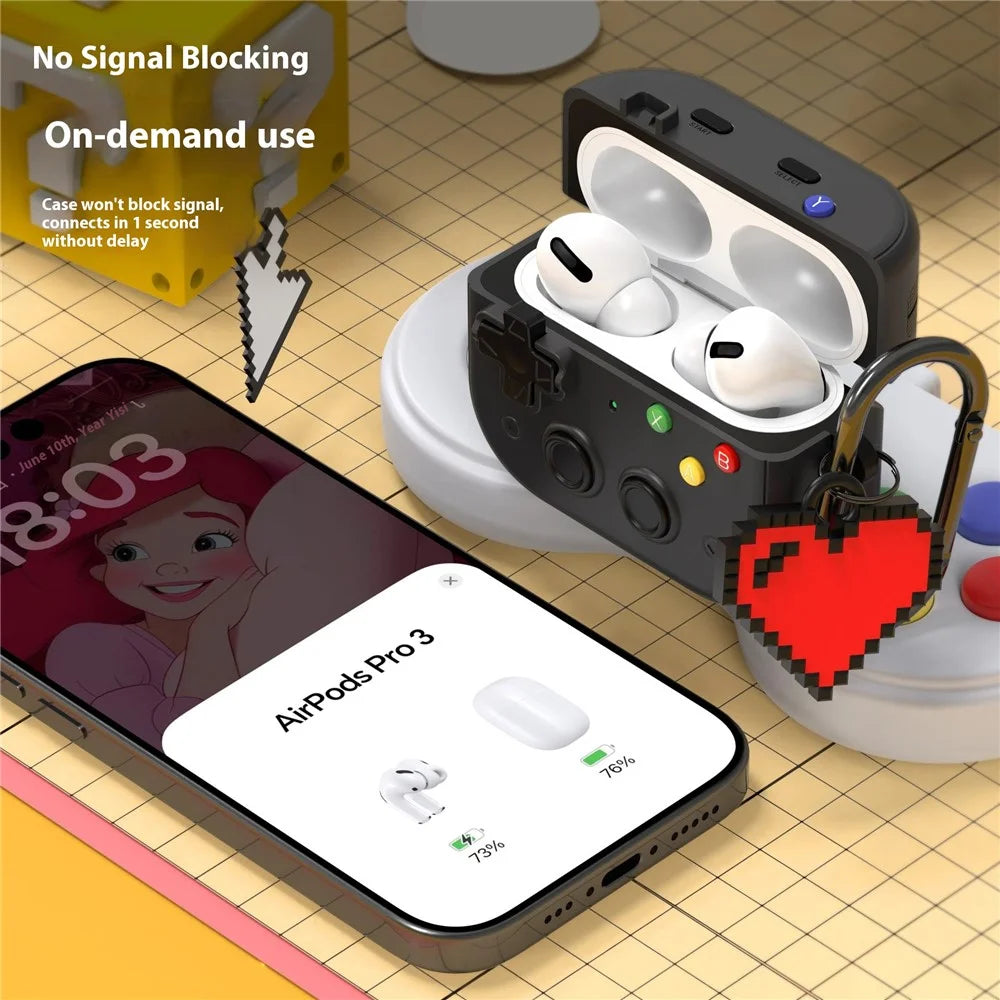 For AirPods Pro 3 Case Vintage Game Console Style Hard PC Earphone Cover with Heart Pendant - Black - 3