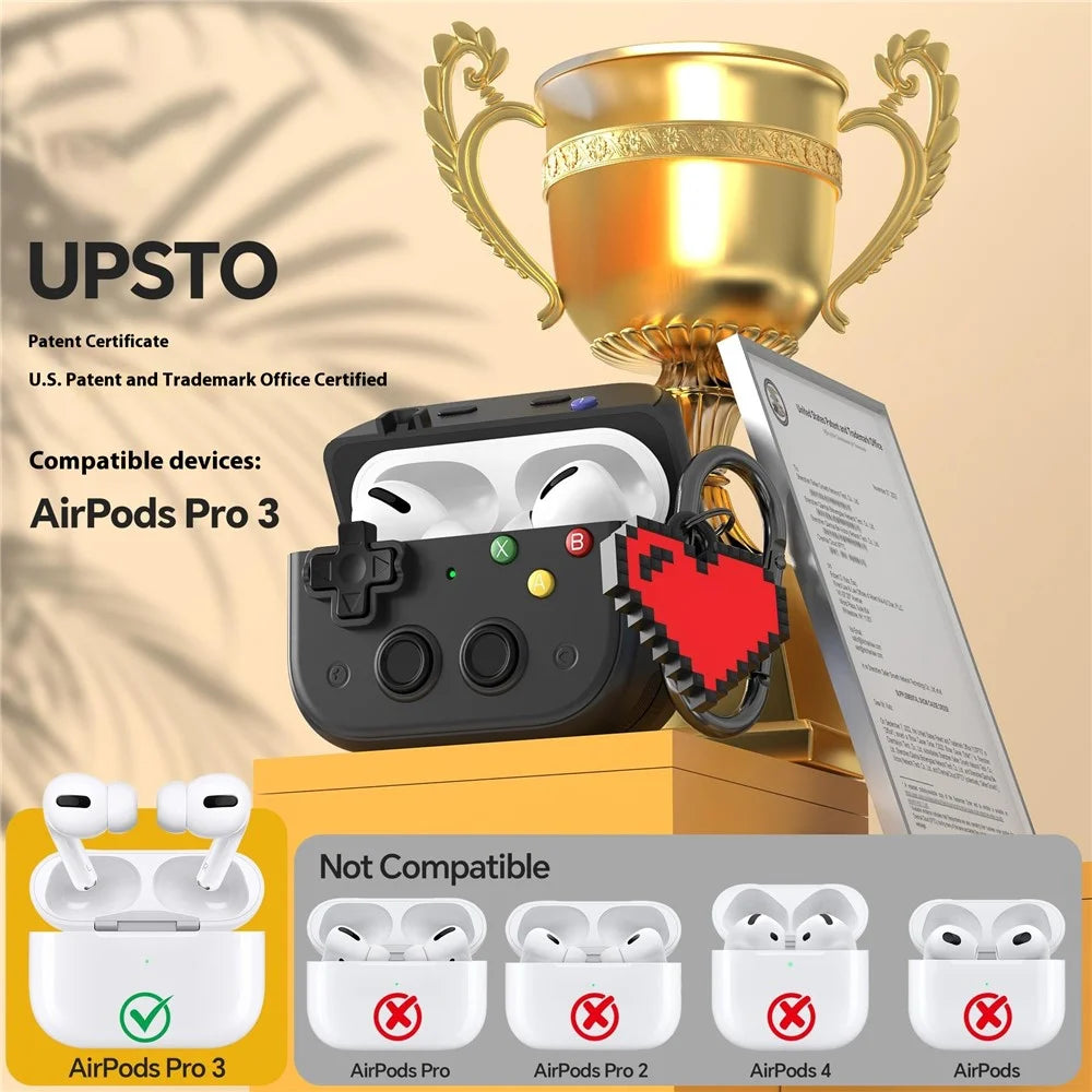 For AirPods Pro 3 Case Vintage Game Console Style Hard PC Earphone Cover with Heart Pendant - Black - 4
