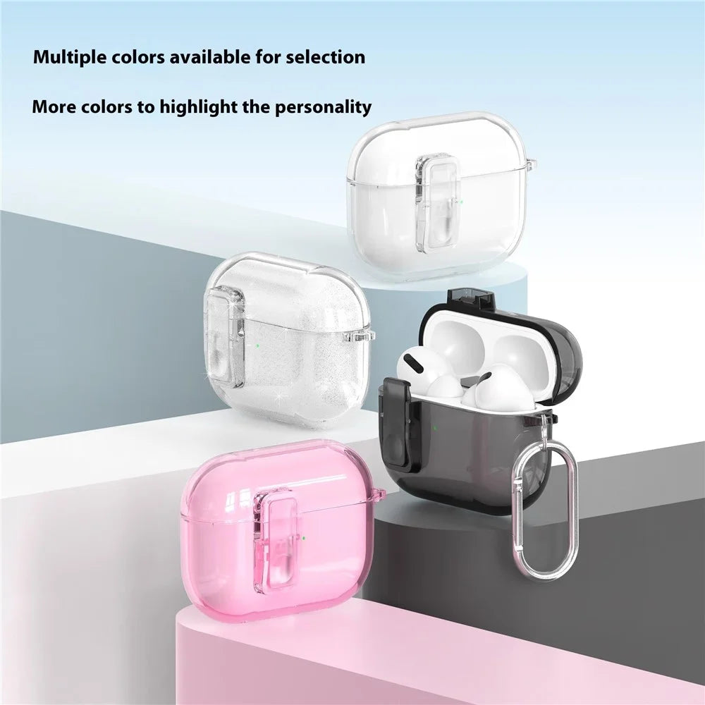 For AirPods Pro 3 Earphone Case Safety Lock Transparent TPU + PC Earbud Protective Case with Carabiner - Transparent Pink / Glitter - 6