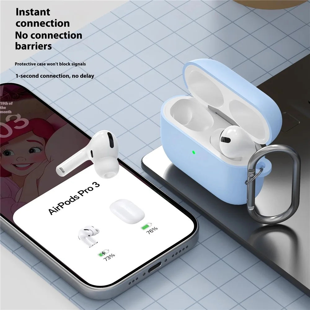 For AirPods Pro 3 Silicone Case 1.6mm Ultra Thin Earphone Protective Cover with Carabiner - Sky Blue - 4