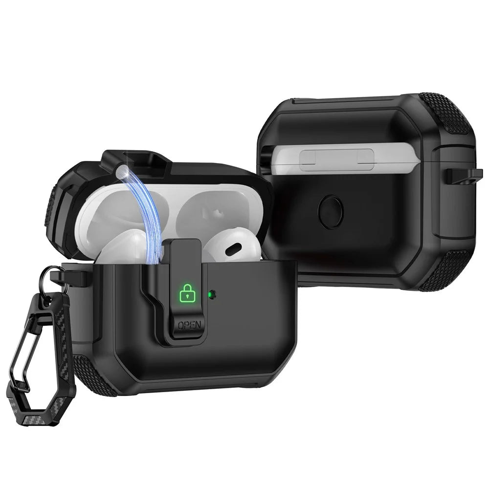 For AirPods 4 Earbuds Case One-Press Open TPU + PC Earphone Protective Cover with Carabiner - Solid Black - 1