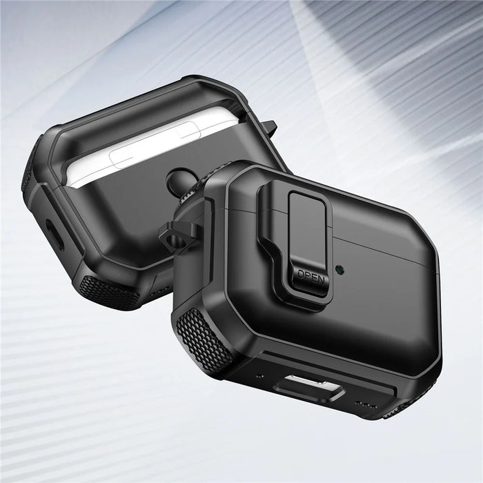 For AirPods 4 Earbuds Case One-Press Open TPU + PC Earphone Protective Cover with Carabiner - Solid Black - 3