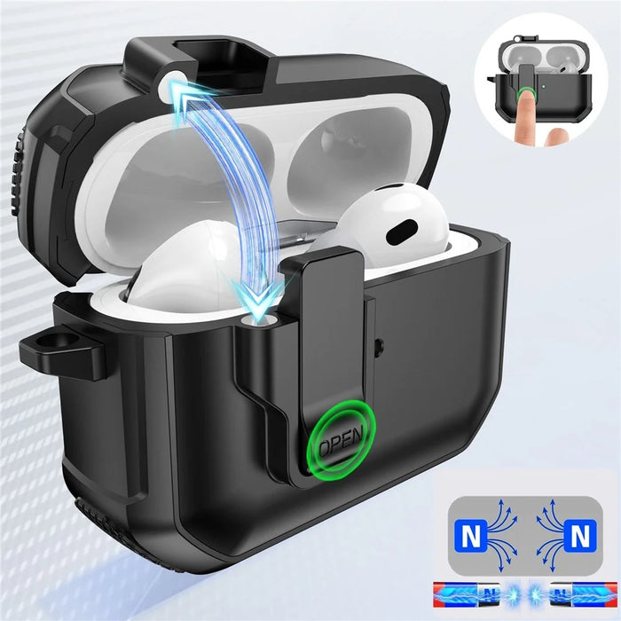 For AirPods 4 Earbuds Case One-Press Open TPU + PC Earphone Protective Cover with Carabiner - Solid Black - 4