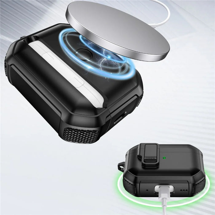 For AirPods 4 Earbuds Case One-Press Open TPU + PC Earphone Protective Cover with Carabiner - Solid Black - 6