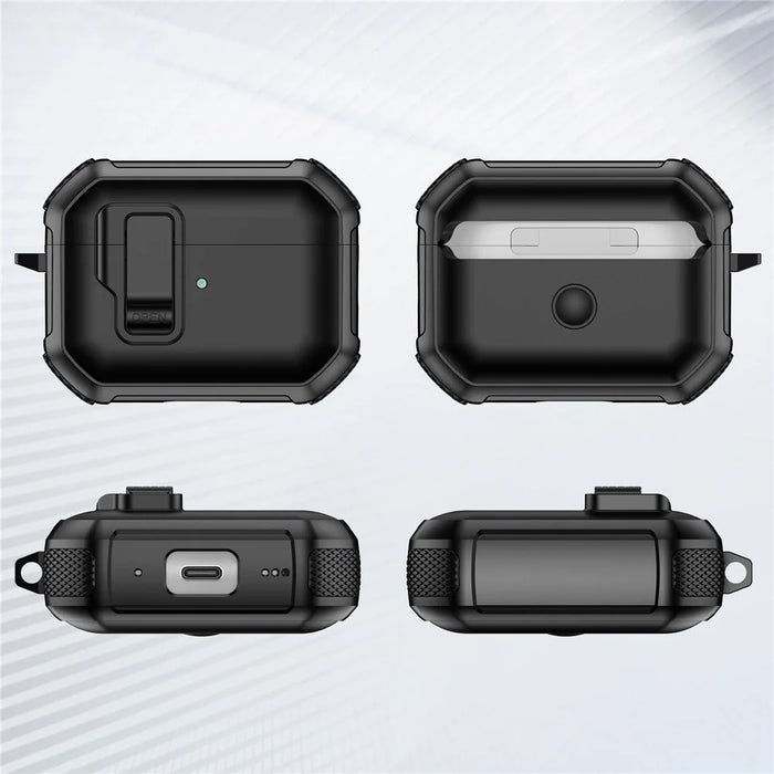 For AirPods 4 Earbuds Case One-Press Open TPU + PC Earphone Protective Cover with Carabiner - Solid Black - 7
