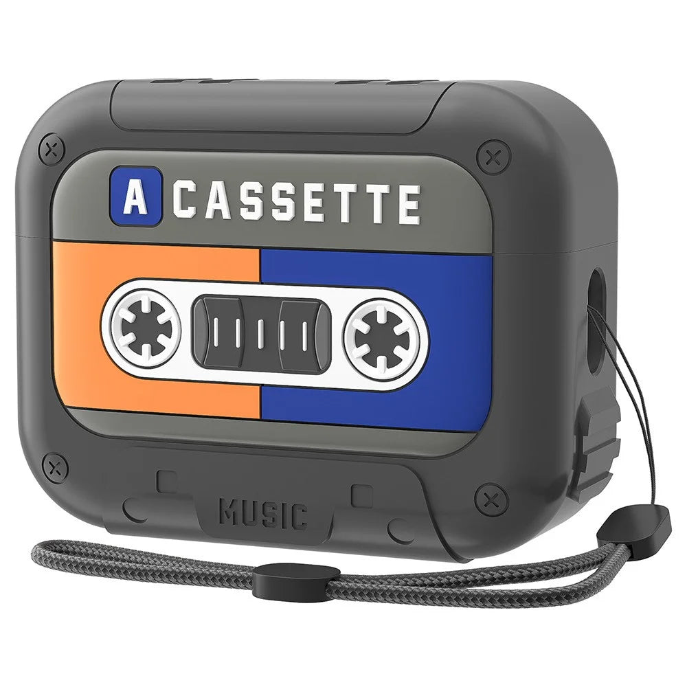 For AirPods 4 Silicone Case Retro Cassette Style Earphone Protective Cover with Strap - Yellow + Blue - 1
