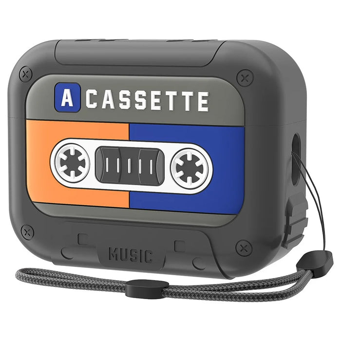 For AirPods 4 Silicone Case Retro Cassette Style Earphone Protective Cover with Strap - Yellow + Blue - 1