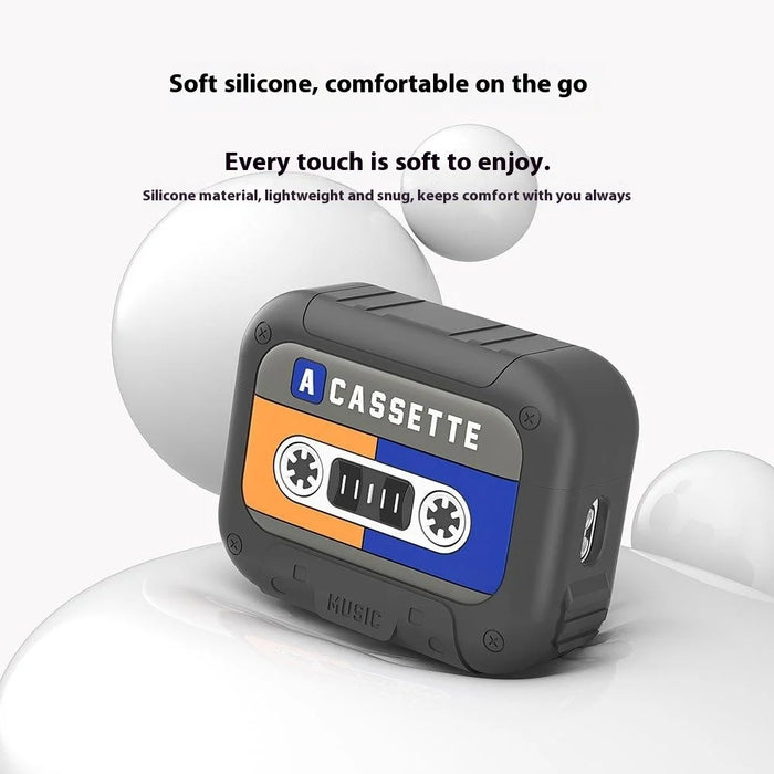 For AirPods 4 Silicone Case Retro Cassette Style Earphone Protective Cover with Strap - Yellow + Blue - 4