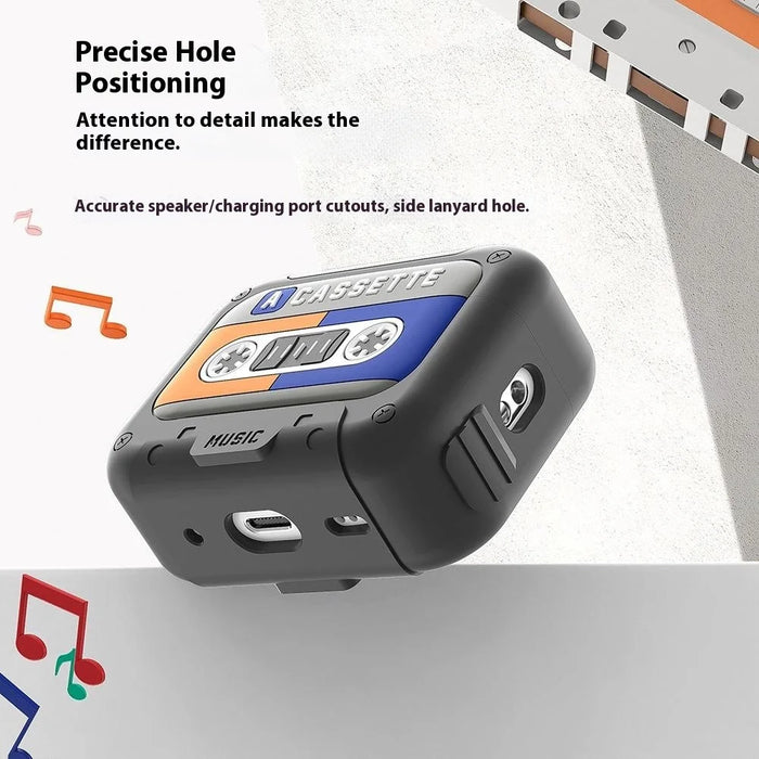 For AirPods 4 Silicone Case Retro Cassette Style Earphone Protective Cover with Strap - Yellow + Blue - 5