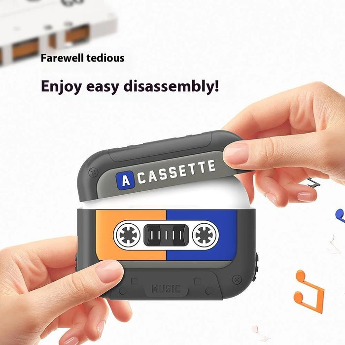 For AirPods 4 Silicone Case Retro Cassette Style Earphone Protective Cover with Strap - Yellow + Blue - 6