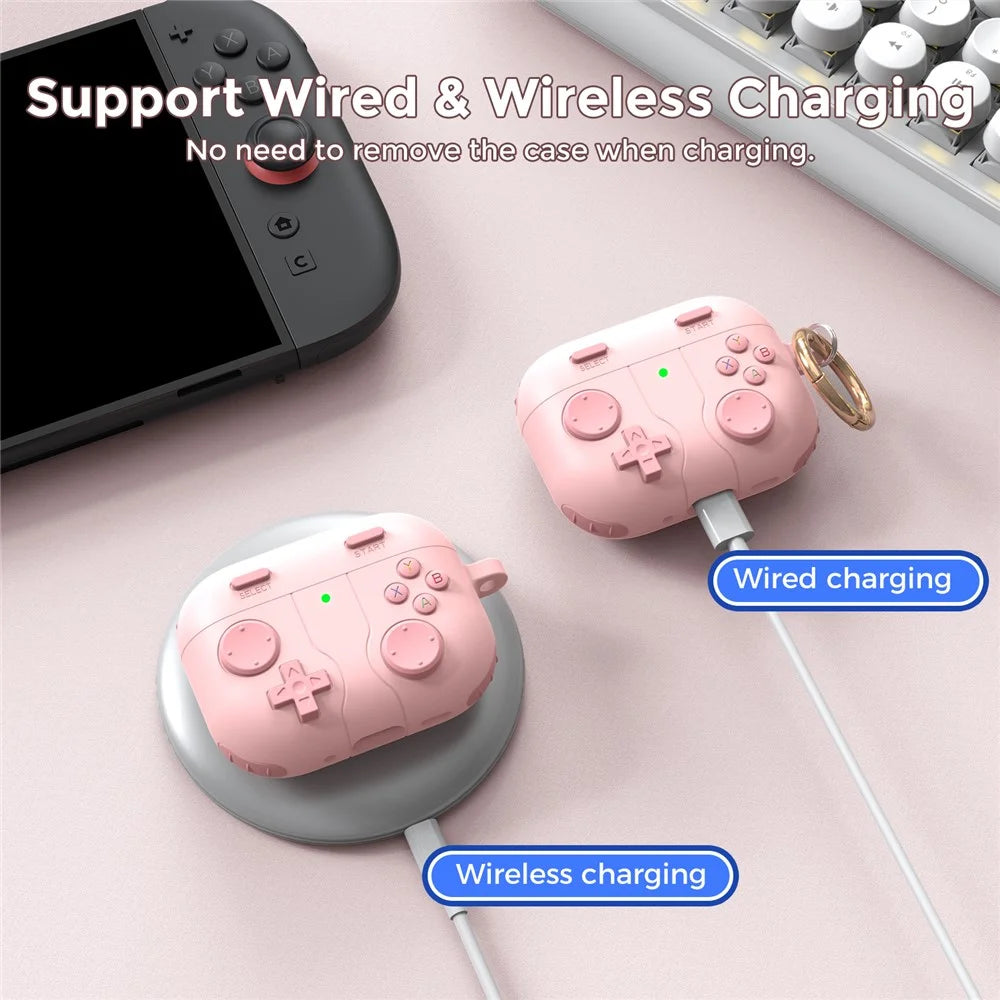 AHASTYLE WG183 For AirPods Pro 3 Case Game Console Design Split Silicone Earphone Cover with Carabiner - Pink - 4