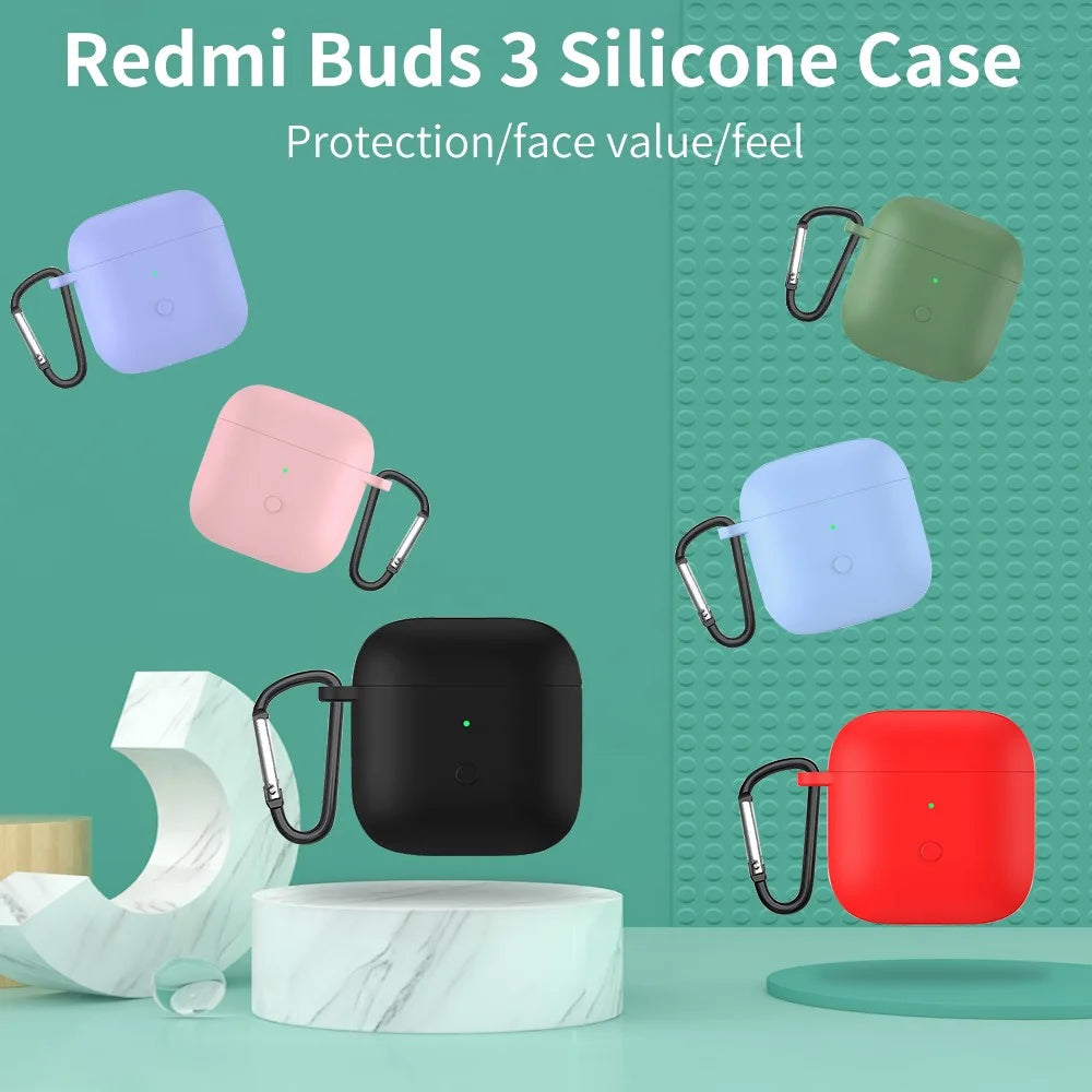 Full Protective Silicone Skin Earphone Case Cover with Carabiner for Redmi Buds 3 - Black - 7