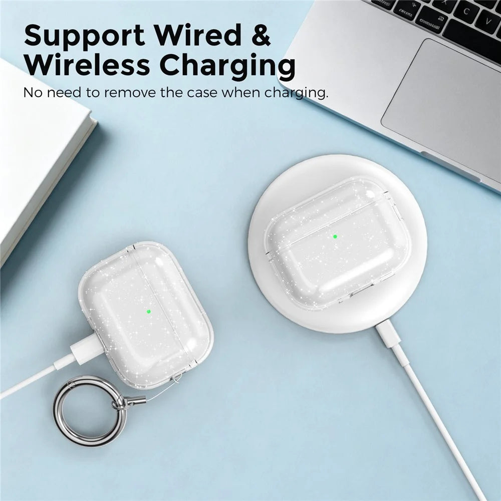 AHASTYLE WG182 For AirPods Pro 3 Case Split Design Clear TPU Earphone Protective Cover with Carabiner - Transparent Glitter - 5
