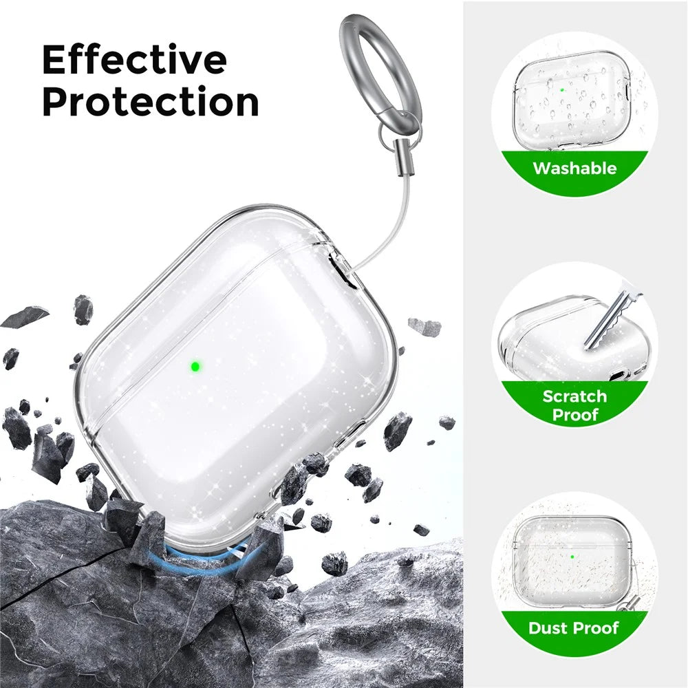 AHASTYLE WG182 For AirPods Pro 3 Case Split Design Clear TPU Earphone Protective Cover with Carabiner - Transparent Glitter - 6