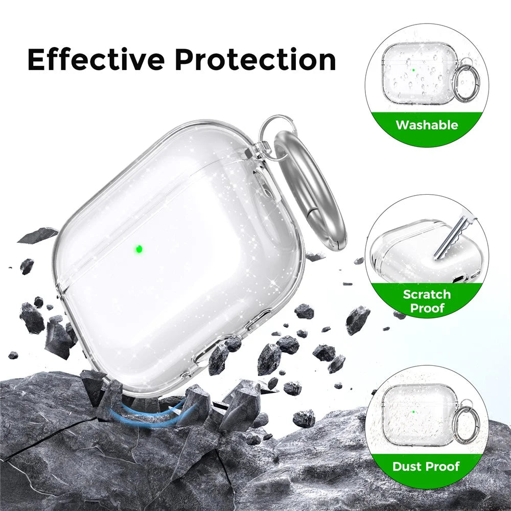 AHASTYLE WG182-G For AirPods Pro 3 Case Split Design Clear TPU Shockproof Protective Cover with Carabiner - Transparent Glitter - 5
