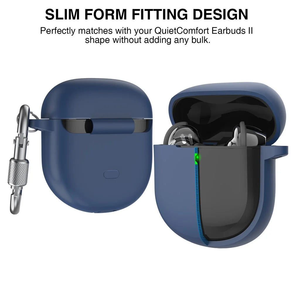 AHASTYLE WG105 For Bose QuietComfort Earbuds II Case Integrated Design Ultra Thick Silicone Protective Cover with Carabiner - Midnight Blue - 4