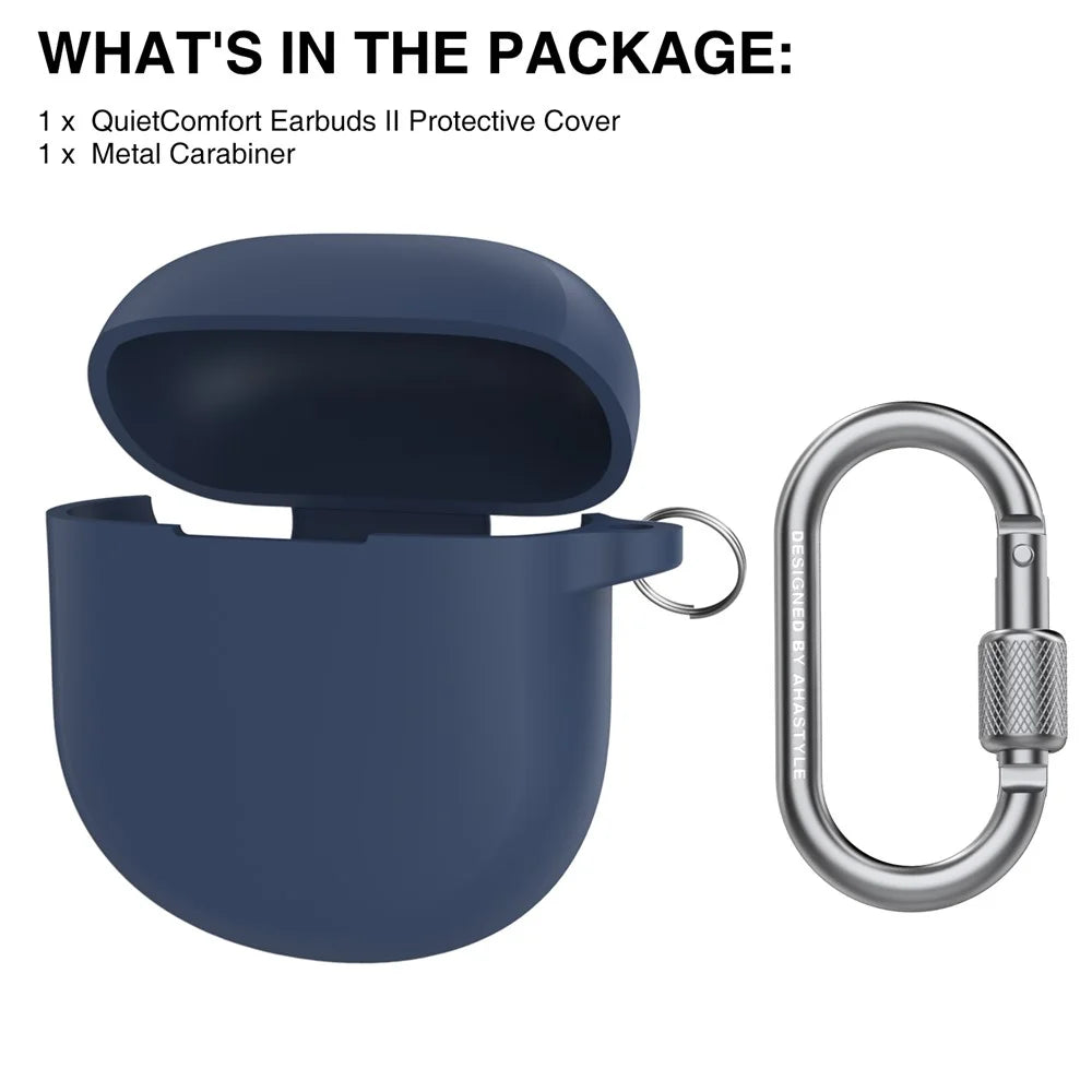 AHASTYLE WG105 For Bose QuietComfort Earbuds II Case Integrated Design Ultra Thick Silicone Protective Cover with Carabiner - Midnight Blue - 6